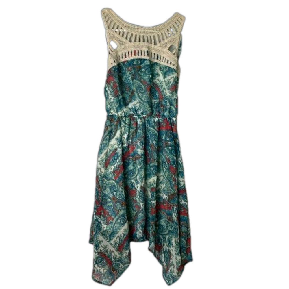 AUW (As U Wish) Crochet Neckline Sleeveless Dress, No Belt,Women’s S,Green White